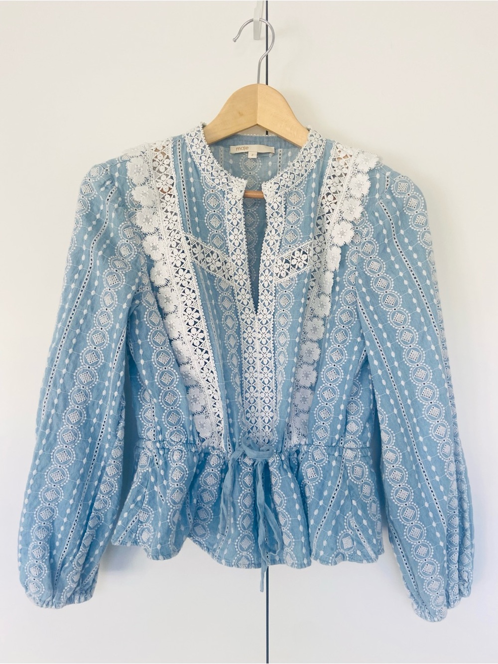 MAJE Laviata Embroidered Cotton Blouse Size Maje 2 US 6 Blue White Eyelet French